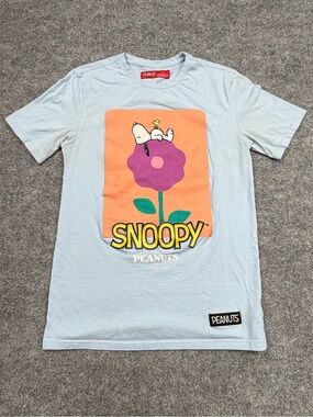 Peanuts Snoopy Woodstock Flower Graphic T-Shirt Light Blue Size Small